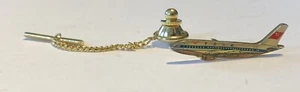 Vintage Passenger Airplane Enamel Gold Tone Tie Tack Pin With Chain 1.25” C24 - Picture 1 of 3