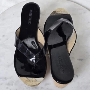 Jimmy Choo Sz 37 Pence Cork Wedge Sandals Shiny Patent Leather Thong Designer - Picture 1 of 24