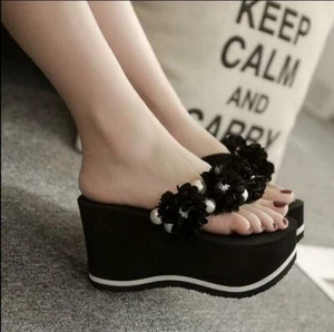New Womens Flowers Clip Toe Slippers Summer Beach Thong Wedge Heel Sandal Shoes - Picture 1 of 15