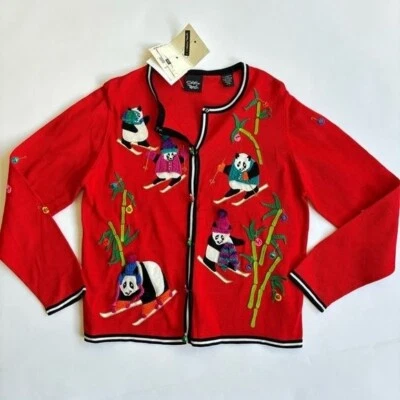 Cárdigan Navidad Suéter L Panda Novedad Rojo Christina Rotelli Algodón Botón Foto 1 de 4
