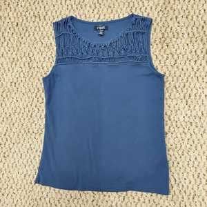Chaps Ralph Lauren Petite PM Blue Macrame Yoke Sleeveless Knit Tank Top - Picture 1 of 11