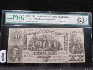 1861 $20 C.S.A. Note, Civil War Era Currency. PMG CU-63 EPQ.  Store Sale #04869 - Picture 1 of 2