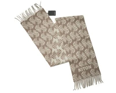 Kiton Napoli $1,050 NWT Beige 100% Cashmere Fringe Scarf 72"X12" - Image 1 of 4