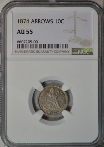 1874 Seated dime, Arrows, NGC AU55..........Type Coin Company Cover