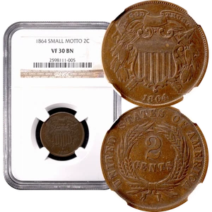 1864 Two Cents 2c Small Motto NGC VF30 BN - Picture 1 of 5