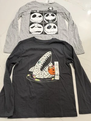 2x Boys Long Sleeved Halloween Theme Shirts Jack Skeleton / Candy Shark Size M - Image 1 of 4