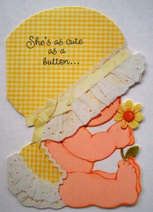 New baby announcement girl in yellow gingham unsigned vintage Greeting Card *WW7 - Picture 1 of 3