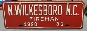 1990 North Wilkesboro, NC Fireman 33 City Metal License Plate N. Carolina FD Tag - Picture 1 of 6