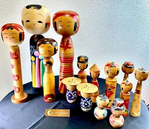 Lot of 14 Figure Kokeshi Doll Souvenir wood Home Decor Art traditional Japan VTG - Picture 1 of 24