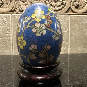 Vintage Cloisonne Egg - Blue with Flowers With stand - Picture 1 of 4