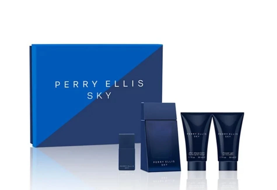 PERRY ELLIS Sky Men 4 peças conjunto: Eau de Toilette, pós-barba, gel, spray CAIXA DE DANOS - Imagem 1 de 4