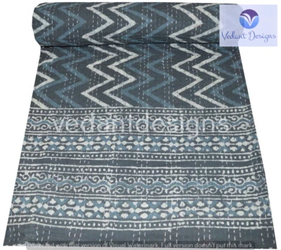Indian Embroidery Kantha Quilt Bedspread Block Throw Cotton Grey - Image 1 of 4