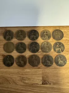 British One Penny Coin Bundle of 15 Coins - c 1865- 1899 Mixed Conditions - Picture 1 of 6