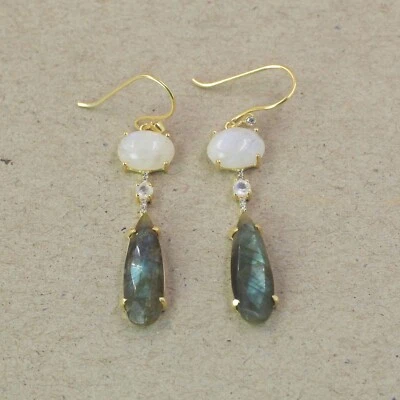 Orecchini in argento sterling 925 massiccio gioielli pietra di luna labradori... - Immagine 1 di 4