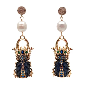 Cultured White Rice Pearl Cubic Zirconia Pave Insect Dangle Stud Earrings - Picture 1 of 6