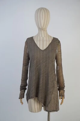 Mesh Helmut Womens Open Knit V-Neck Long Sleeve Top Gray Asymmetrical Size L - Image 1 of 4