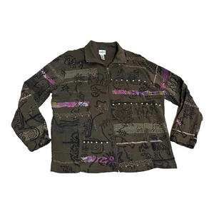 Chicos Casual Jacket Women Size 3 Fall Green Multicolor Gold Sequins Zip Closure - Picture 1 of 7