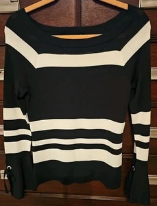 I.N.C Sweater Womens M BLACK OFF WHITE Stripe Stretch L/S Flared Cuff Rhinestone - Picture 1 of 6