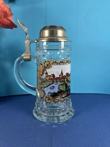 BMF Painted Glass Beer Stein Mug with Pewter Lid Made in West Germany - Picture 1 of 23