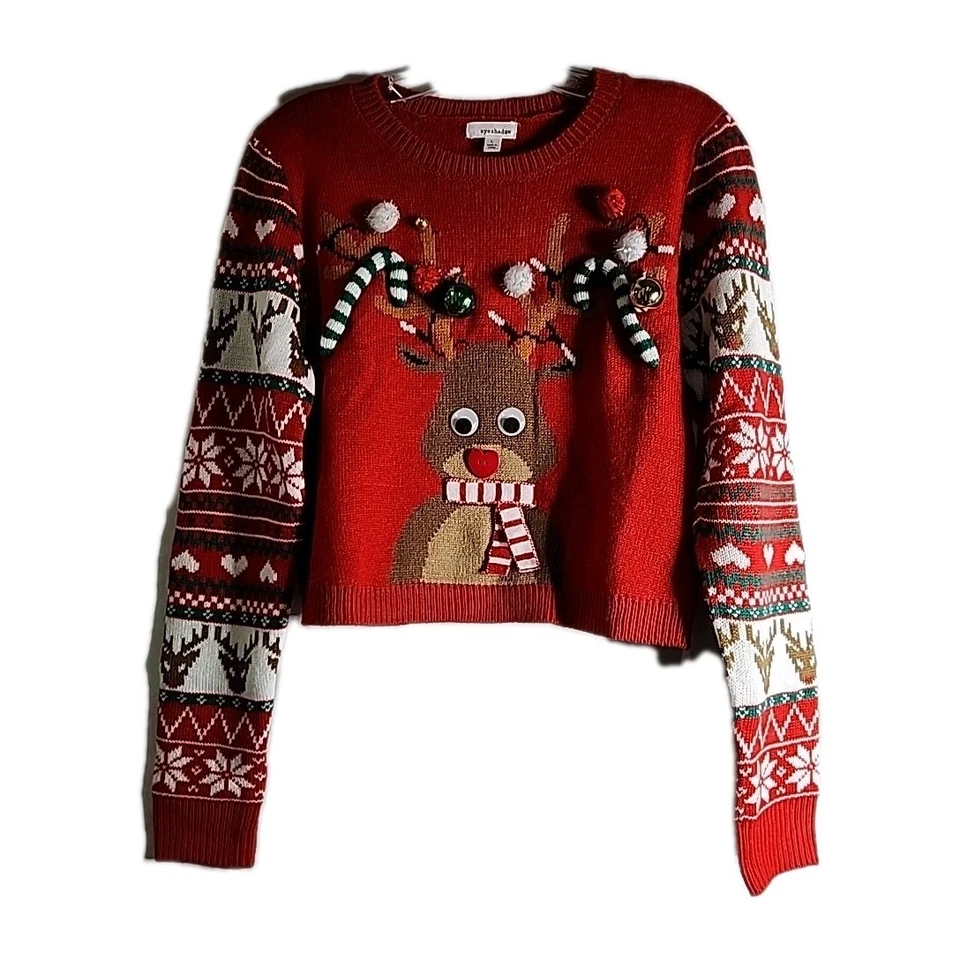 Suéter de férias sombra júnior grande midriff googly olhos renas Natal  - Imagem 1 de 4