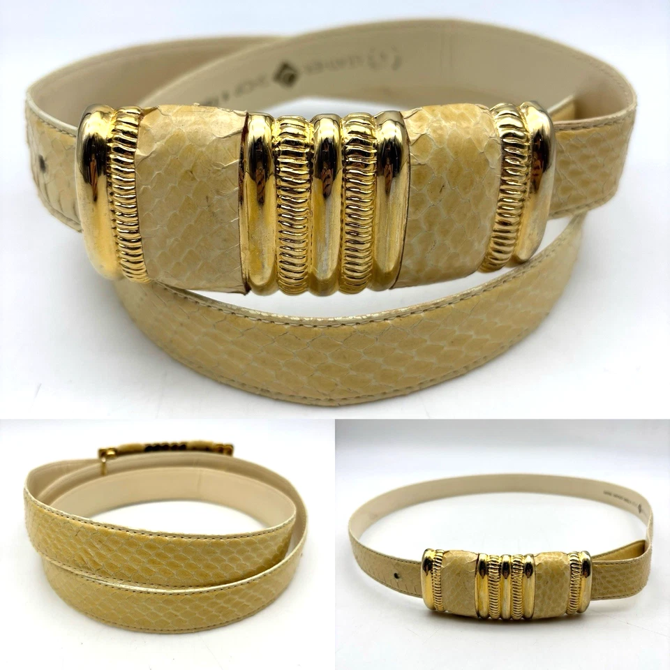 Cinturón con hebilla dorada de cuero genuino crema tienda cuero de serpiente vintage años 80 L 34" Foto 1 de 4
