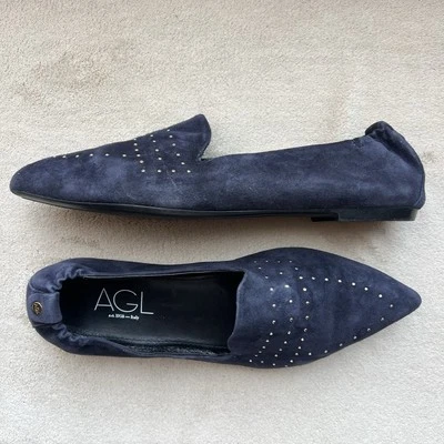 Mocasines AGL Leonbruni de gamuza azul marino sin usar, en caja, para mujer EU 41 US 10 con tachuelas punta puntiaguda Foto 1 de 4