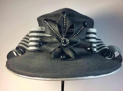 Sombrero Brenda Waites Bolling Negro y Plata Derby Kentucky Fiesta Boda Iglesia Foto 1 de 4