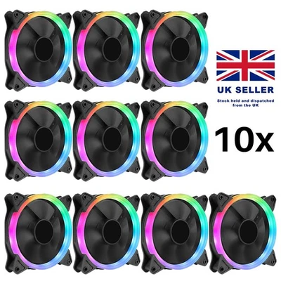 10 Pack PC Case Cooling Fan RGB LED Ring 120mm Silent 3/4-Pin Universal 12CM UK - Image 1 of 4