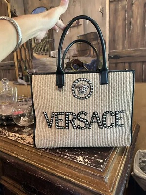 VERSACE Medusa La Vacanza Studded Large Tote Raffia Leather Trim Bag NWT $2,075 - Image 1 of 4