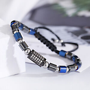 Charm Blue Hematite Bracelets Handmade White Zircon Cube Copper Mens Jewelry