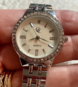 GC Watch Women 30mm Silver Tone Rhinestone Bezel Gems Dial New Battery 8” - Picture 1 of 8