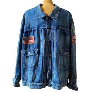 Polo Ralph Lauren Sportsman Distress Patch Trucker Jean Jacket sz 4XB USA FLAG - Picture 1 of 15