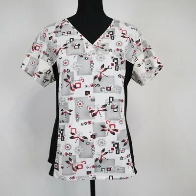 Cherokee Scrub Top Womens Small Dragon Fly Floral Short Sleeve Medical Uniform - Image 1 of 4
