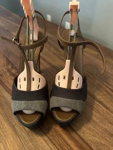 SergioRossi blue/light blue denim and leather platform sandals with ankle strap - Picture 1 of 6