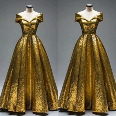 Gold Sequins Evening Dress Off the Shoulder A Line Pageant Prom Party Gowns - Image 1 of 4