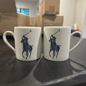 X2 RALPH LAUREN Coffee Mugs Cup Blue Logo Polo Player Horse Pony White Tea FAST - Picture 1 of 3