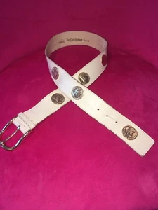 Vintage Yves Saint Laurent YSL Gold Coin Cream - Off White Leather Belt Sz L - Picture 1 of 12