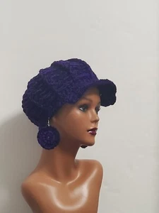 Handmade Newsboy Hat Crochet Slouchy Adult  Beanie Hat with Visor - Picture 1 of 9