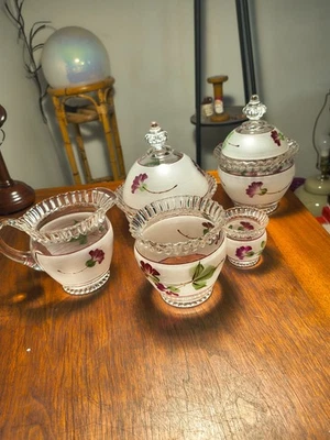 Antique Collection Nevada Table Set 5 Frosted Glass Ruffled Edges W/ Floral 1902 - Image 1 of 4