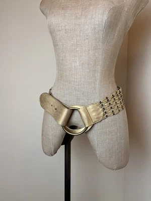 Linea Pelle Collection Gold Leather and Brass Studded Woven Wide Belt Size S/M - Image 1 of 4