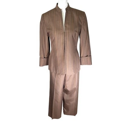 Vtg Valerie Stevens Petite Pure Silk Pant Suit Brown Pinstripe 8P Power Suit - Image 1 of 4