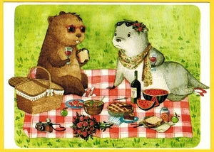 BEAVER OTTER ENJOY PICNIC TOGETHER Salad Pie Watermelon Russian postcard - Picture 1 of 2