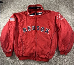 VTG 00s MLB BOSTON RED SOX MAJESTIC AUTHENTIC DUGOUT JACKET USA FLAG PATCH 2XL - Picture 1 of 13
