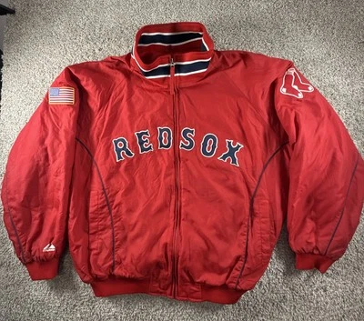 CHAQUETA DUGOUT MAJESTUOSA AUTÉNTICA DE COLECCIÓN AÑOS 00 MLB BOSTON RED SOX PARCHE BANDERA DE EE. UU. 2XL Foto 1 de 4