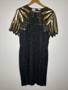 Vintage 80er Stenay Pailletten Perlen Glam Flapper Gatsby Kleid Dress schwarz gold Gr. 16 - Bild 1 von 13