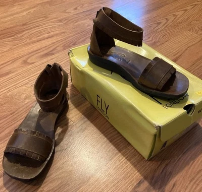 Fly London Women's Size 38 Ankle Strap Brown Leather Fringe Trim Sandals - Image 1 of 4