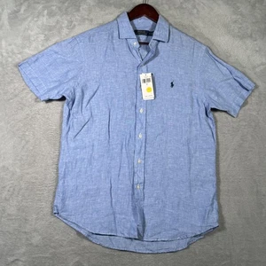 Polo Ralph Lauren Shirt Mens Medium Blue 100% Linen Short Sleeve Button Down - Picture 1 of 8