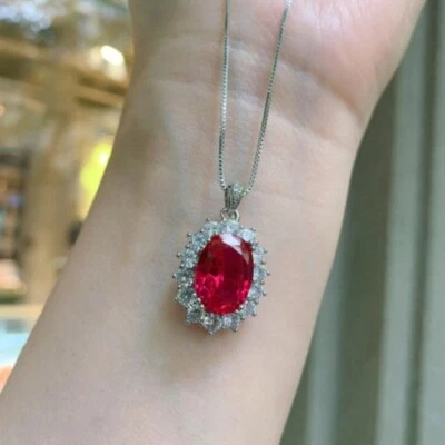 3.20Ct Oval Cut Red Ruby Lab Created Diamond Halo Pendant 14K White Gold Plated - Image 1 of 4