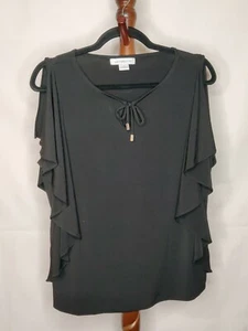 Liz Claiborne women's M tank top black with ruffle slit sleeves scoop neck ties - Picture 1 of 5