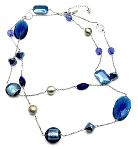 Lia Sophia “Voyage” Long Necklace with Blue/Gray/Purple Glass & Resin Beads - Picture 1 of 3